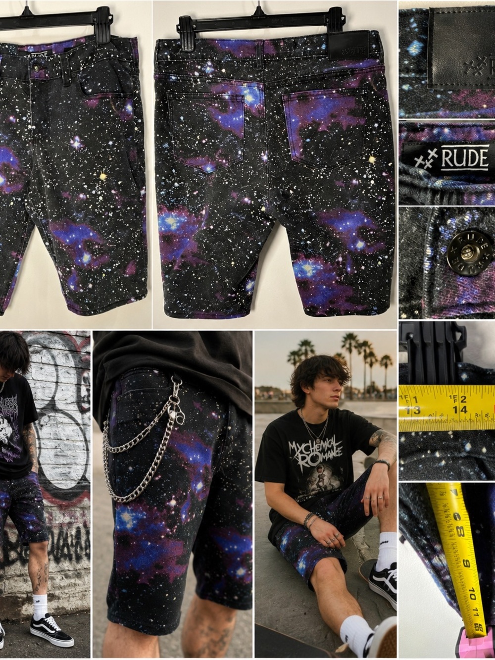 XXX RUDE Galaxy Skinny Shorts Men’s Size 34 Black Purple Hot Topic Y2K Emo Scene
